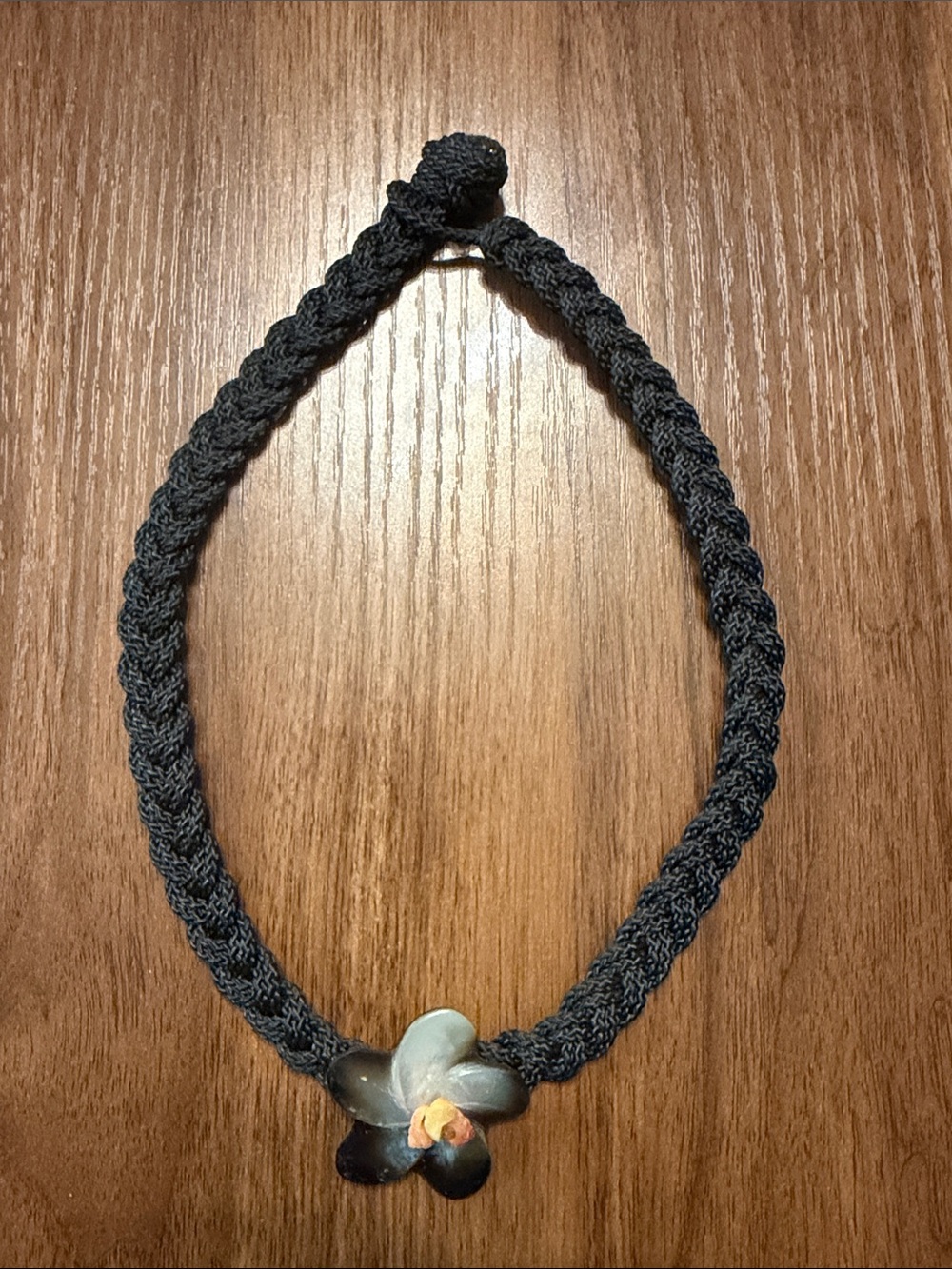 Fashion Jewelry - Handmade Black Braided Necklace with Shell/Flower Pendant